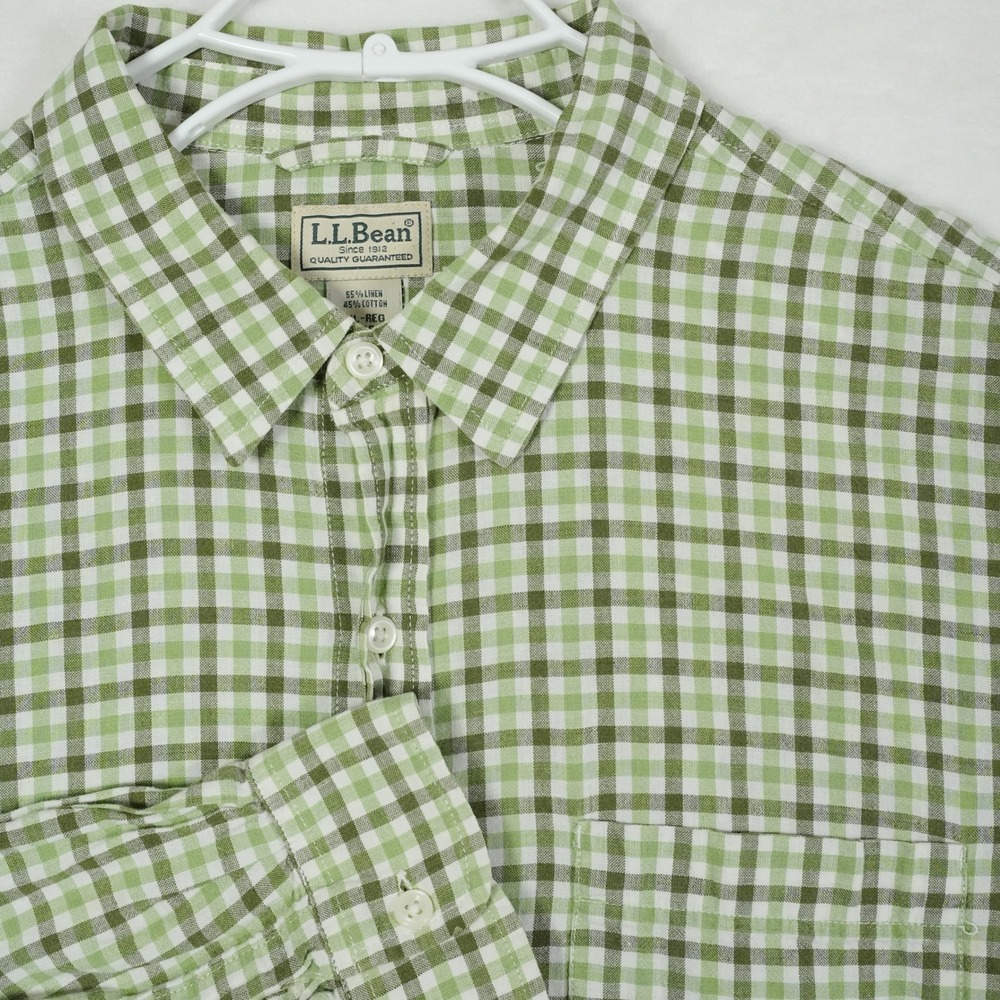 LL Bean Mens Gingham Check Long Sleeve Button Up Shirt Size XL Linen Blend Green
